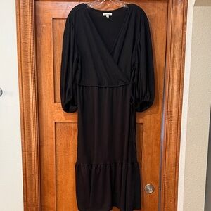 Max Studio Black Wrap Midi Dress with Balloon Sleeves